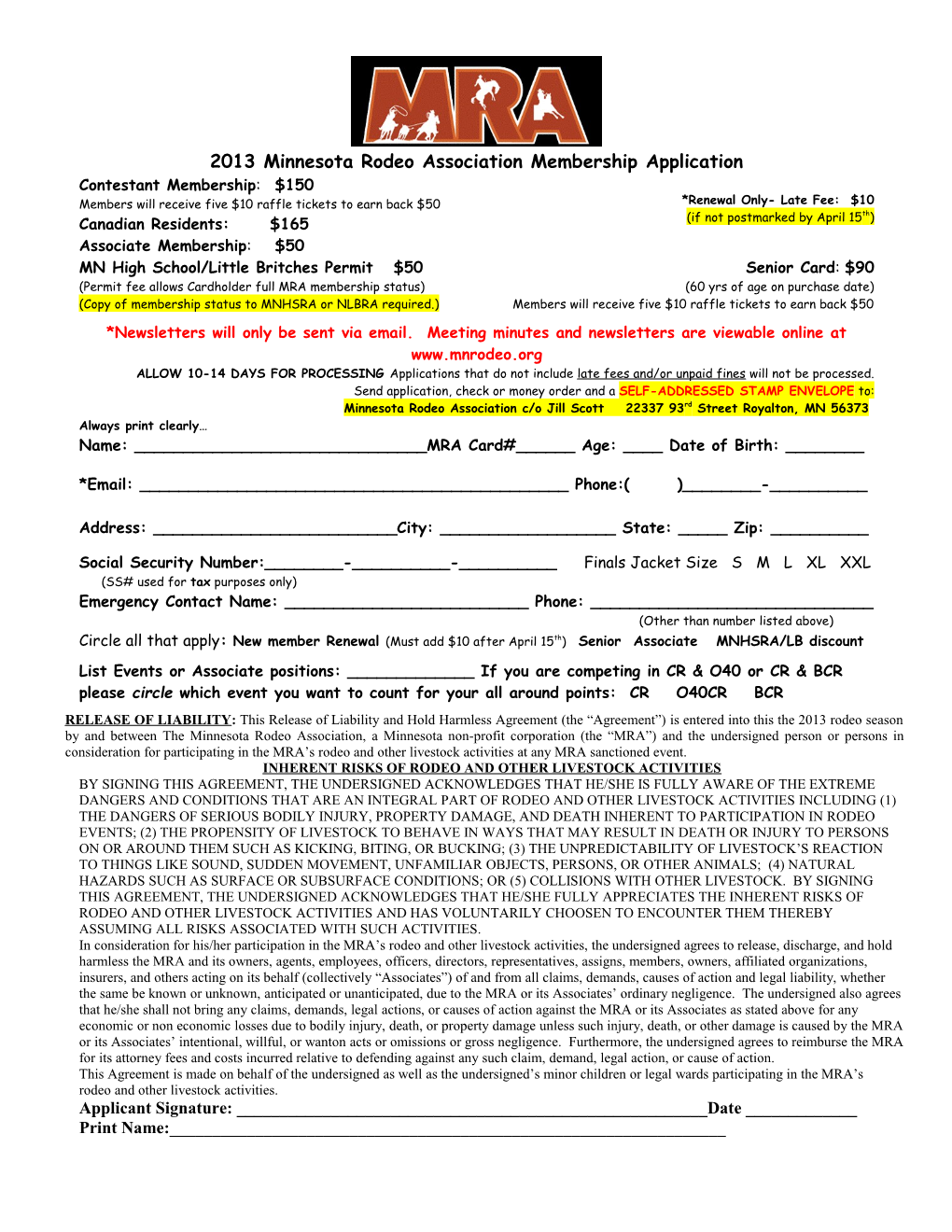 2001 Minnesota Rodeo Association Application
