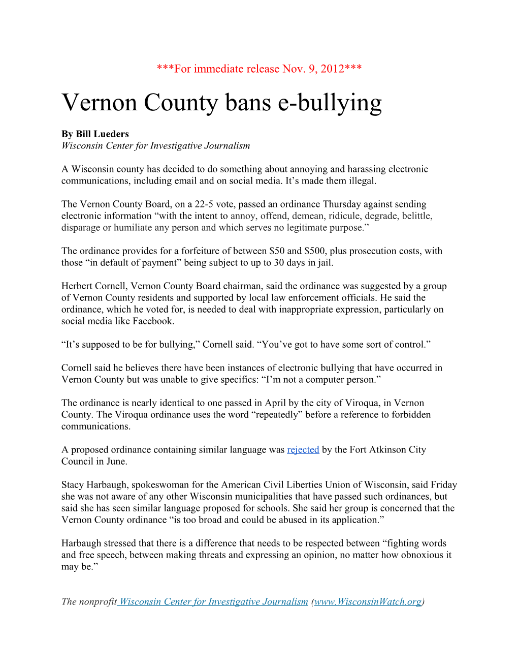 Vernon County Bullying Ordinance