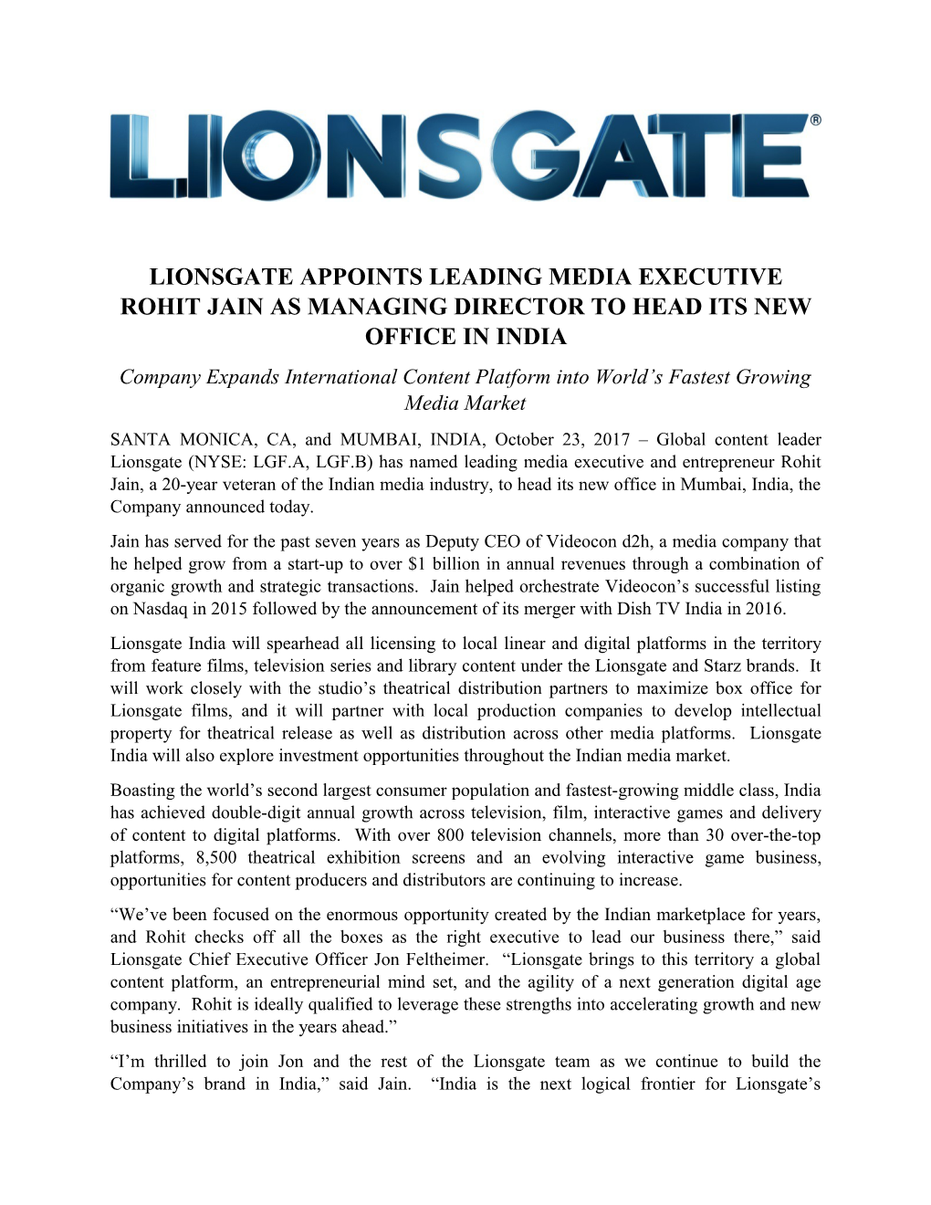 Lionsgate Appointsleading Media Executive Rohit Jain As Managing Director to Head Its