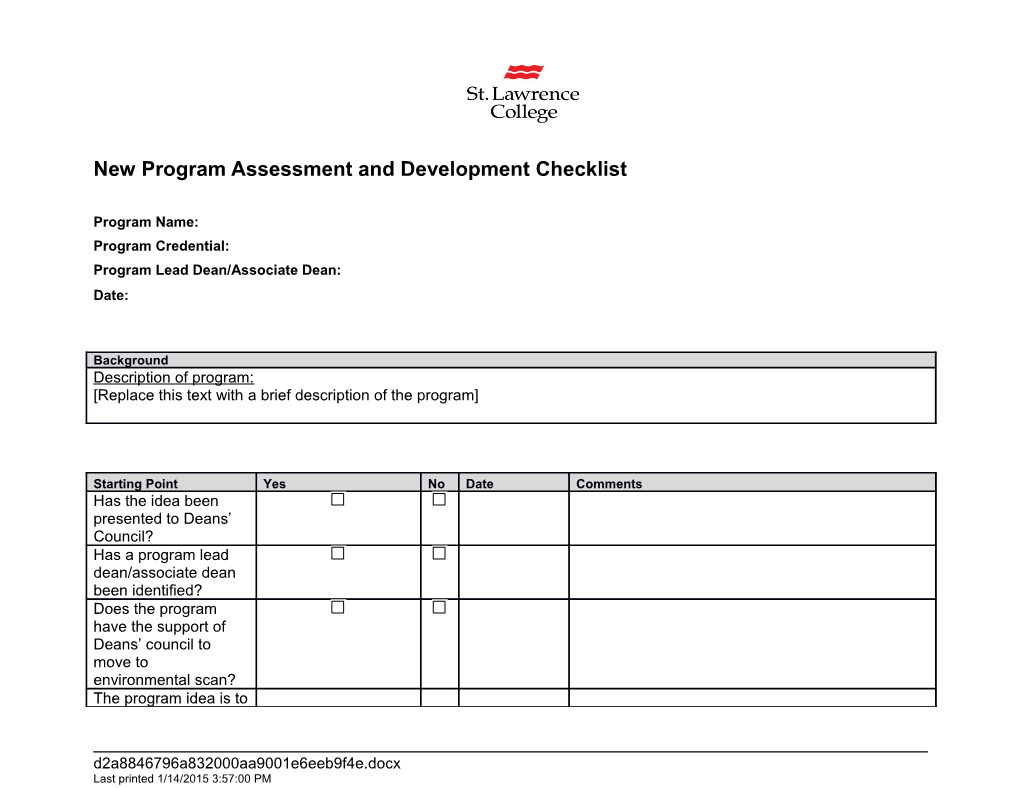 New Program Assessment and Development Checklist