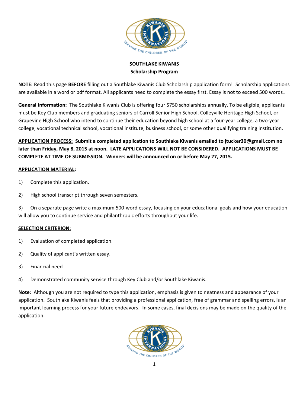 SOUTHLAKE KIWANIS Scholarship Program