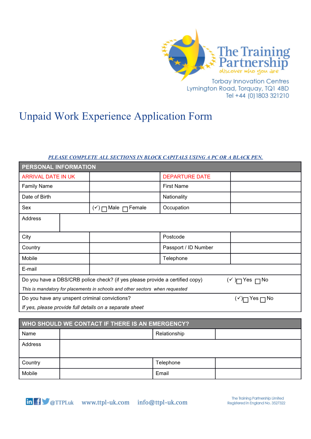 Unpaid Work Experience Application Form