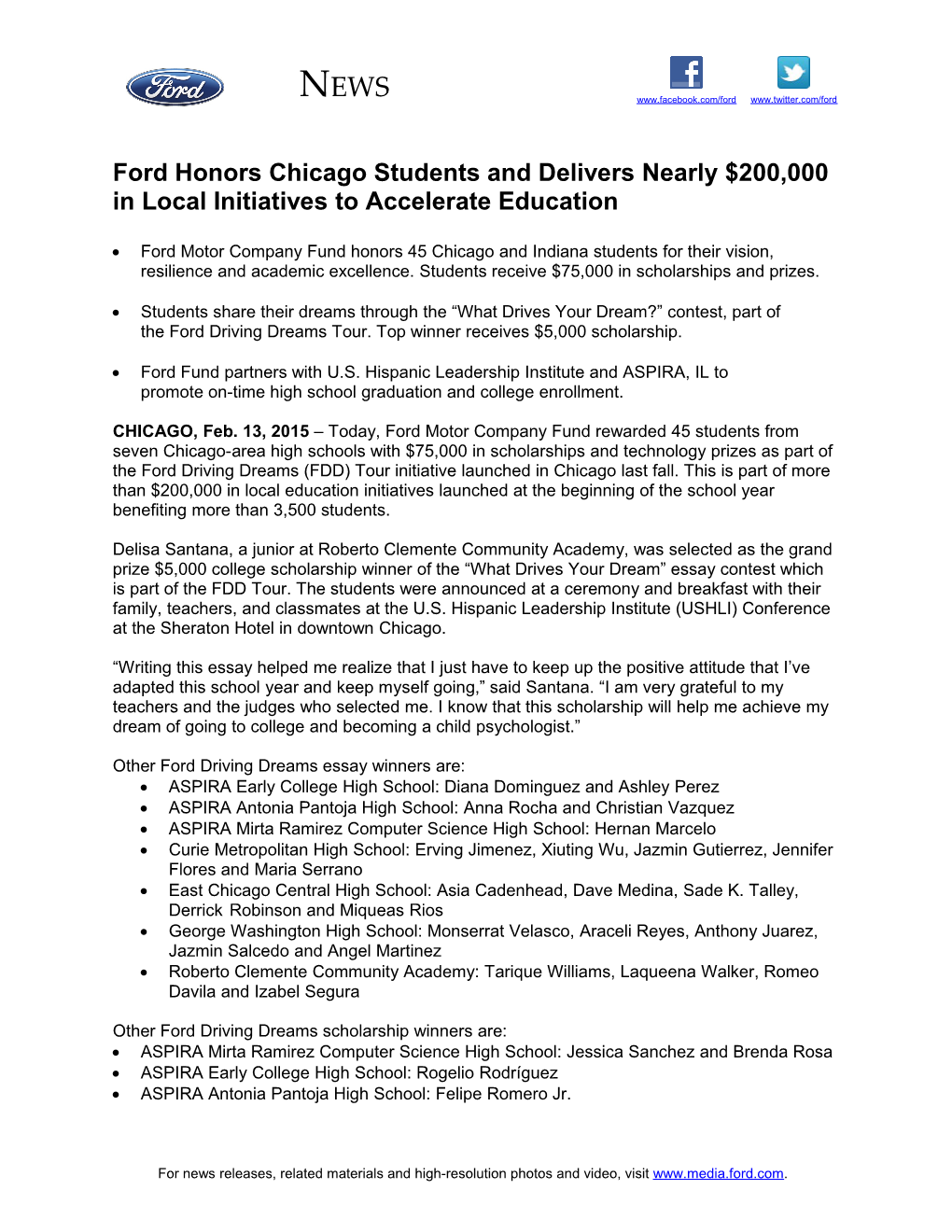 Ford Honors Chicago Students and Delivers Nearly $200,000 in Local Initiatives to Accelerate