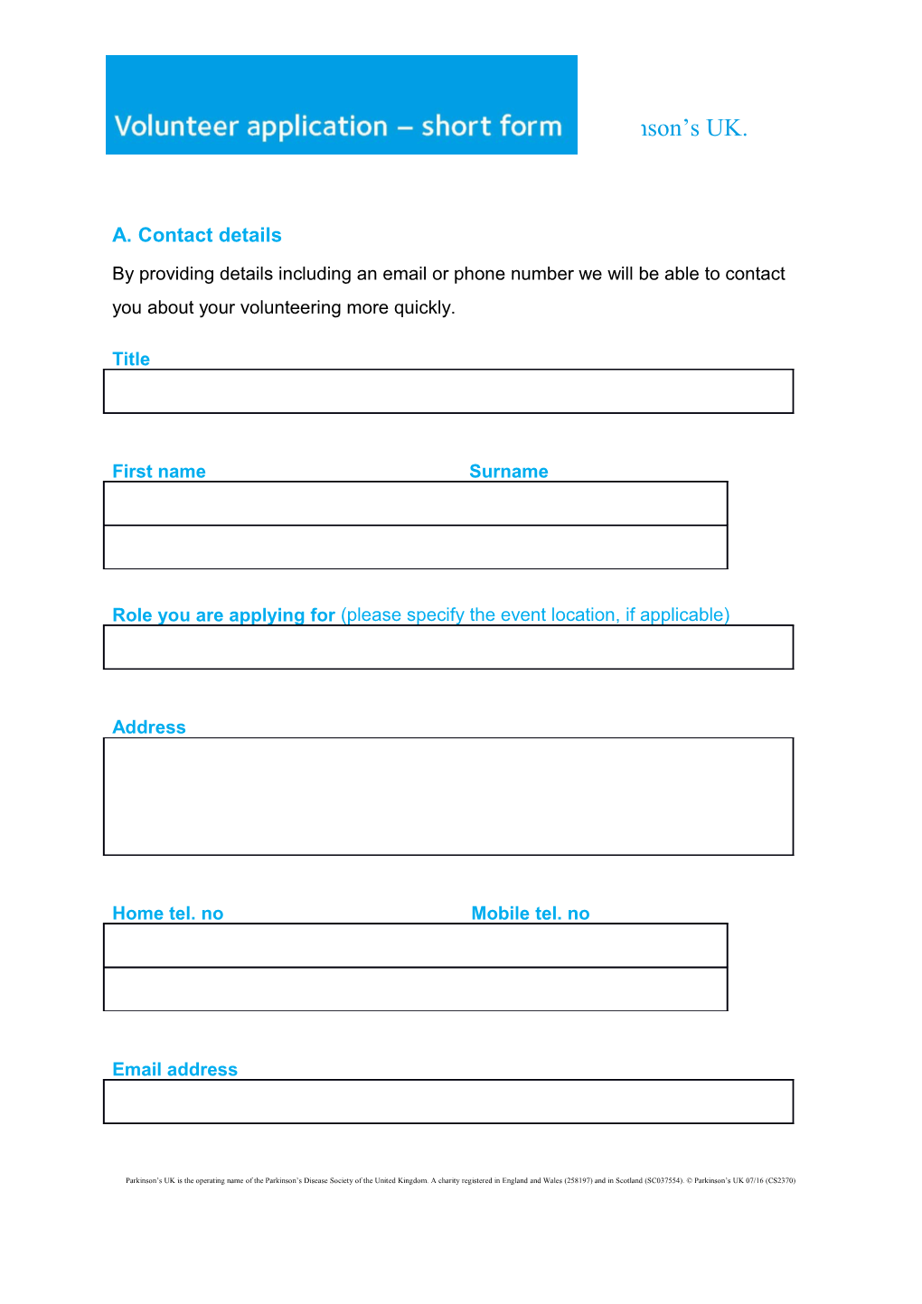 Volunteering Application Form - Short Version