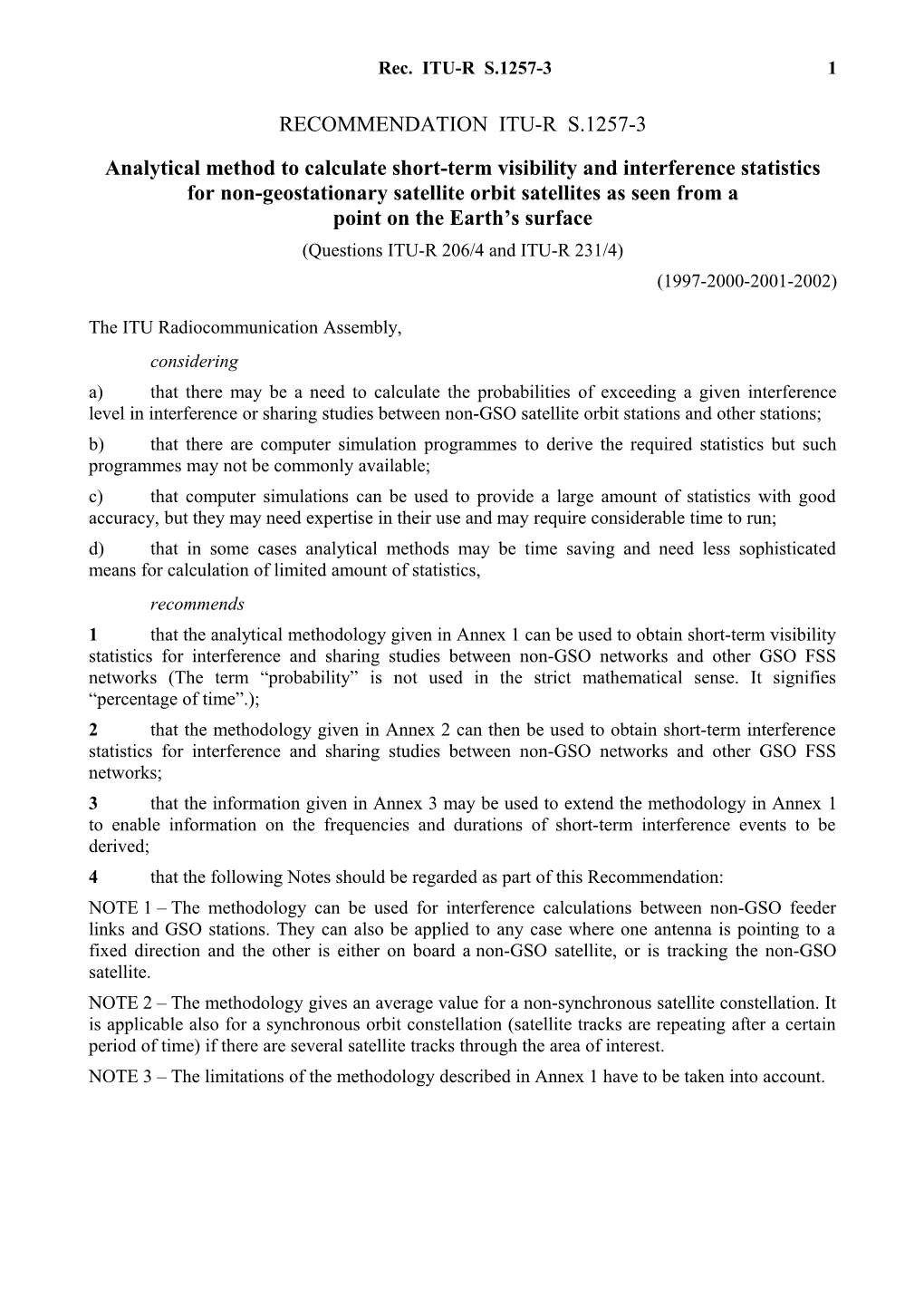 RECOMMENDATION ITU-R S.1257-3 - Analytical Method to Calculate Short-Term Visibility And