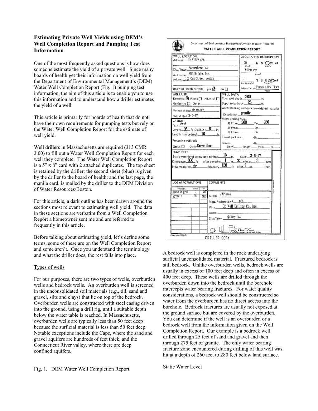 Estimating Private Well Yields Using DEM S Well Completion Report and Pumping Test Information