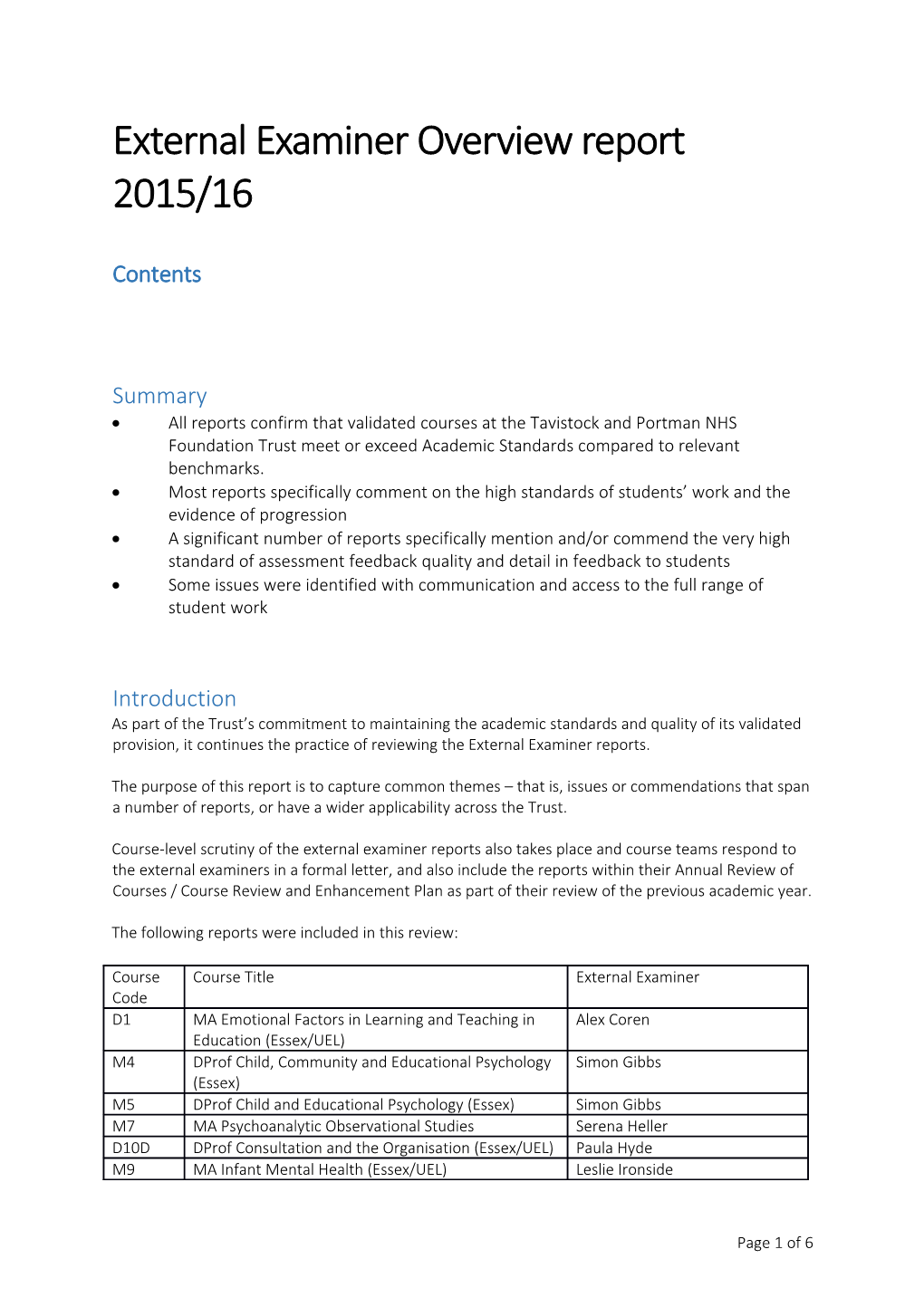 External Examiner Overview Report 2015/16