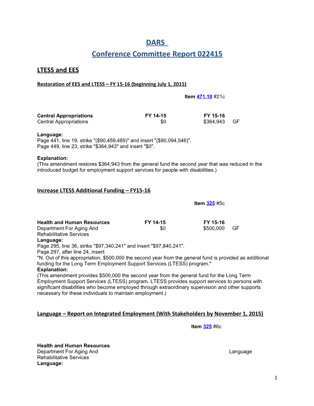 Increase LTESS Additional Funding FY15-16