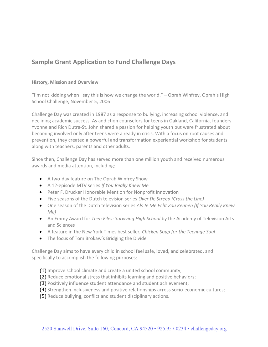 Sample Grant Application to Fund Challenge Days