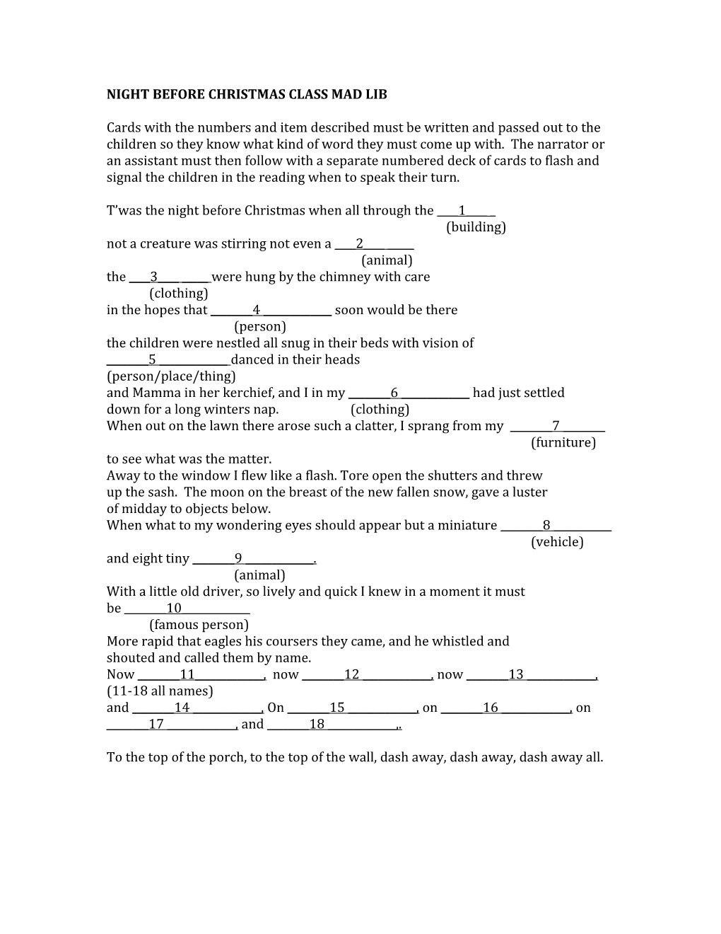 Night Before Christmas Class Mad Lib