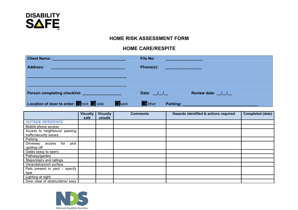 Home Risk Assessment Form