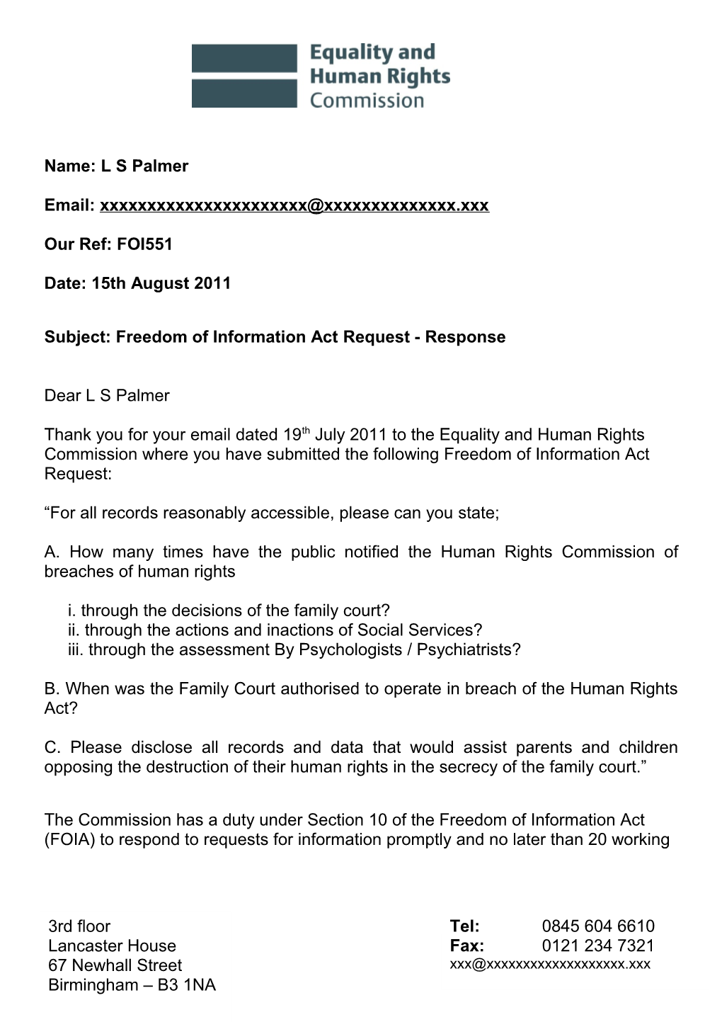 Subject: Freedom of Information Act Request - Response