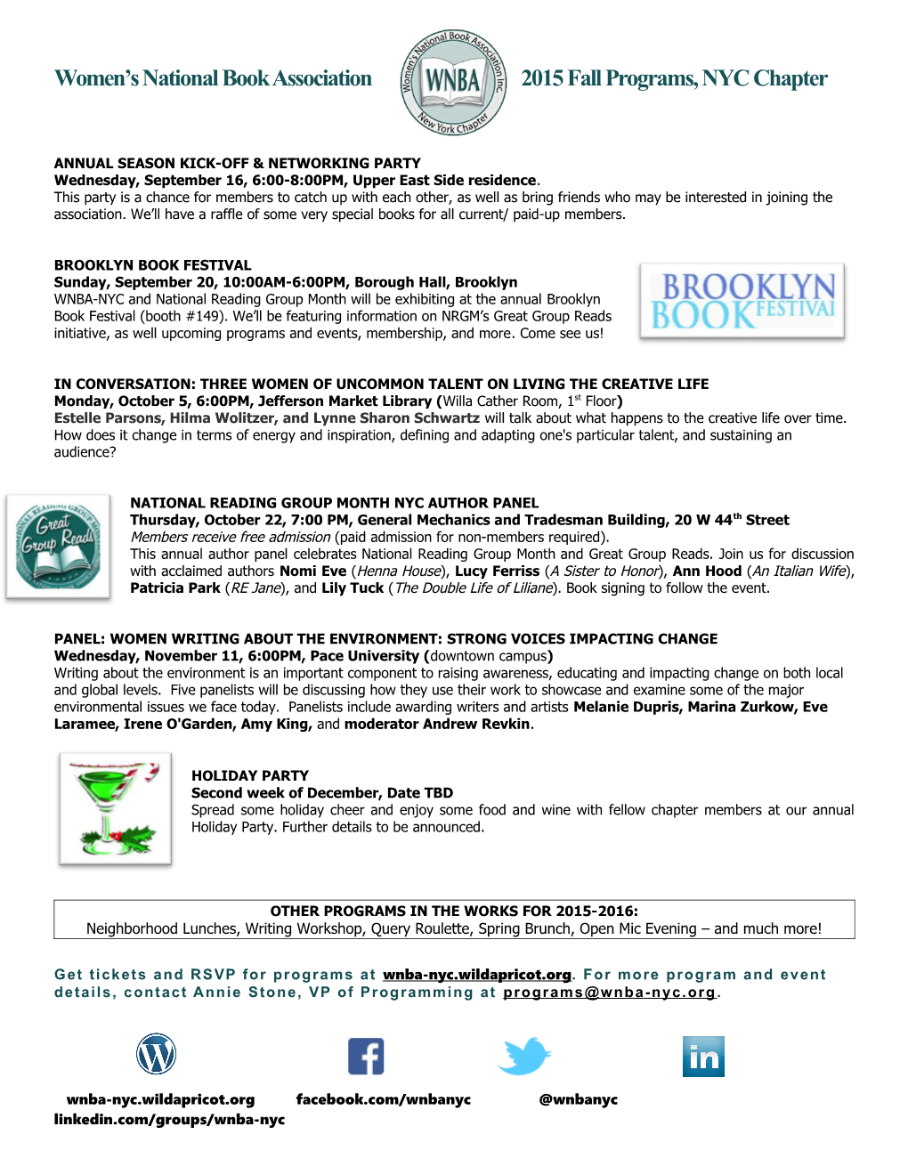 Women S National Book Association 2015 Fall Programs, NYC Chapter