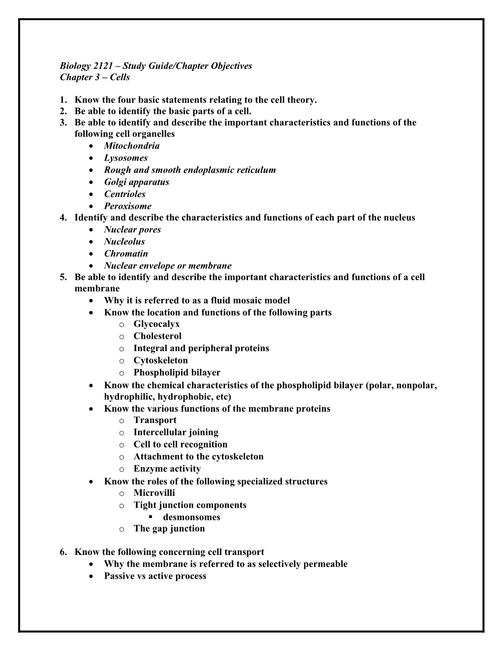 Biology 2121 Study Guide/Chapter Objectives