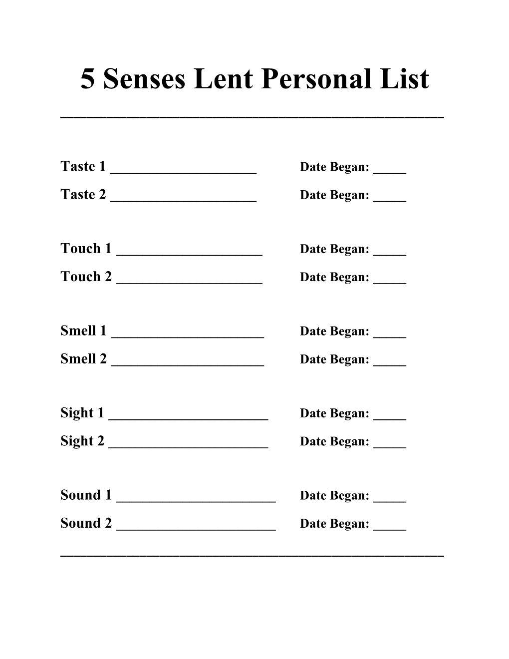 5 Senses Lent Personal List