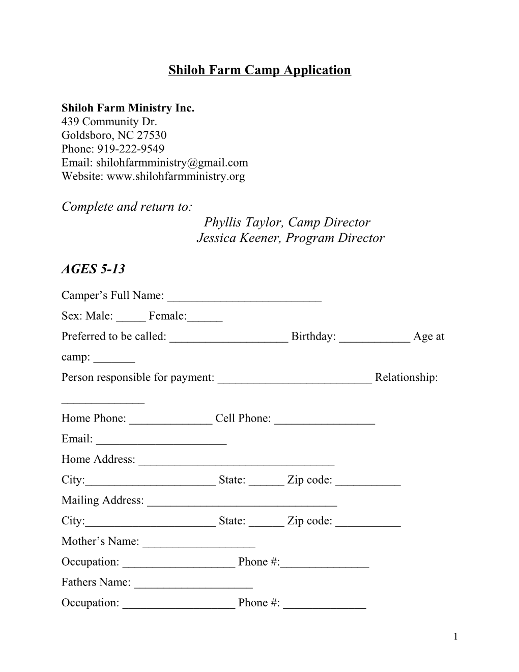 Shiloh Farm Summer Camp Application