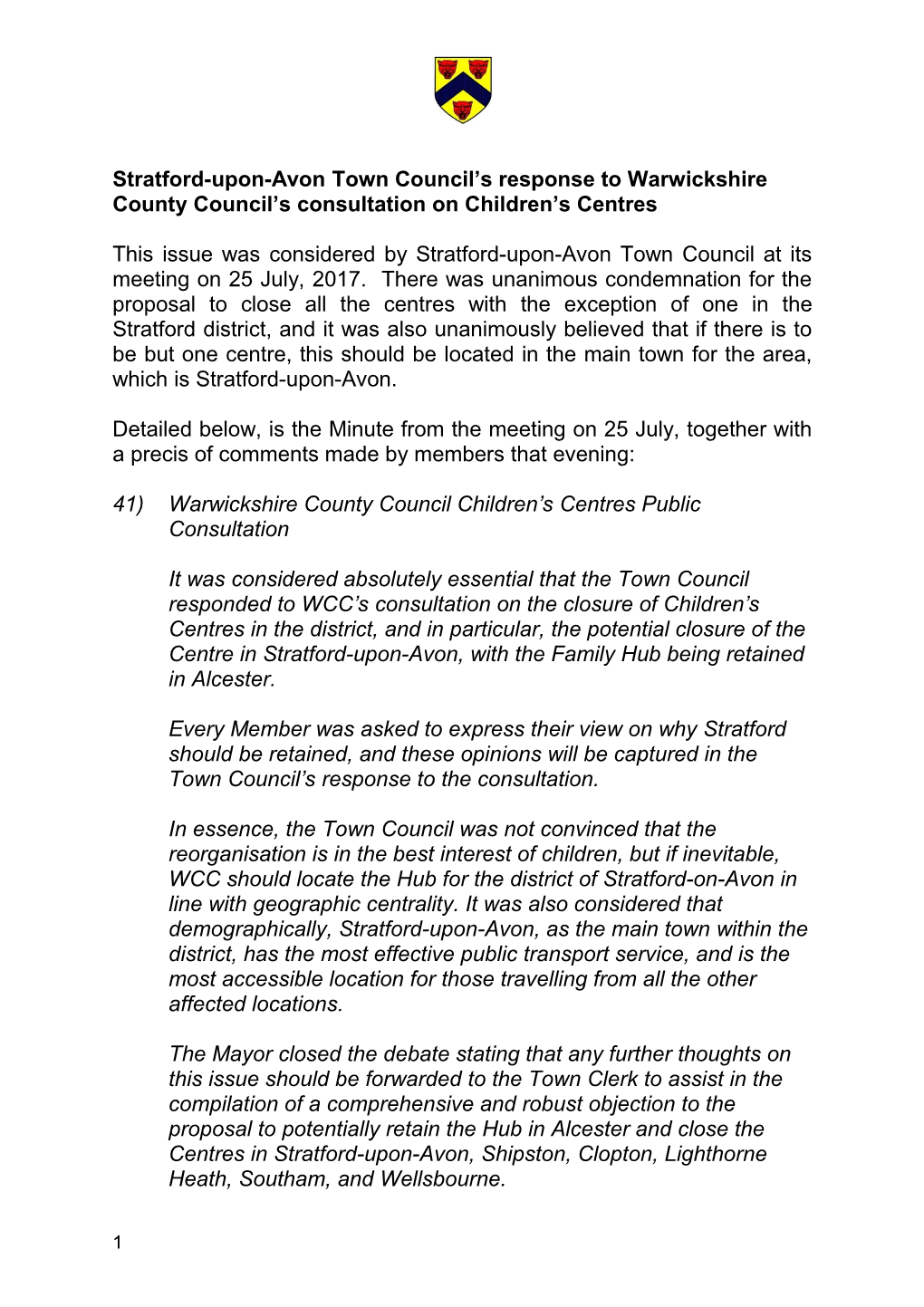 Stratford-Upon-Avon Town Council S Response to Warwickshire County Council S Consultation