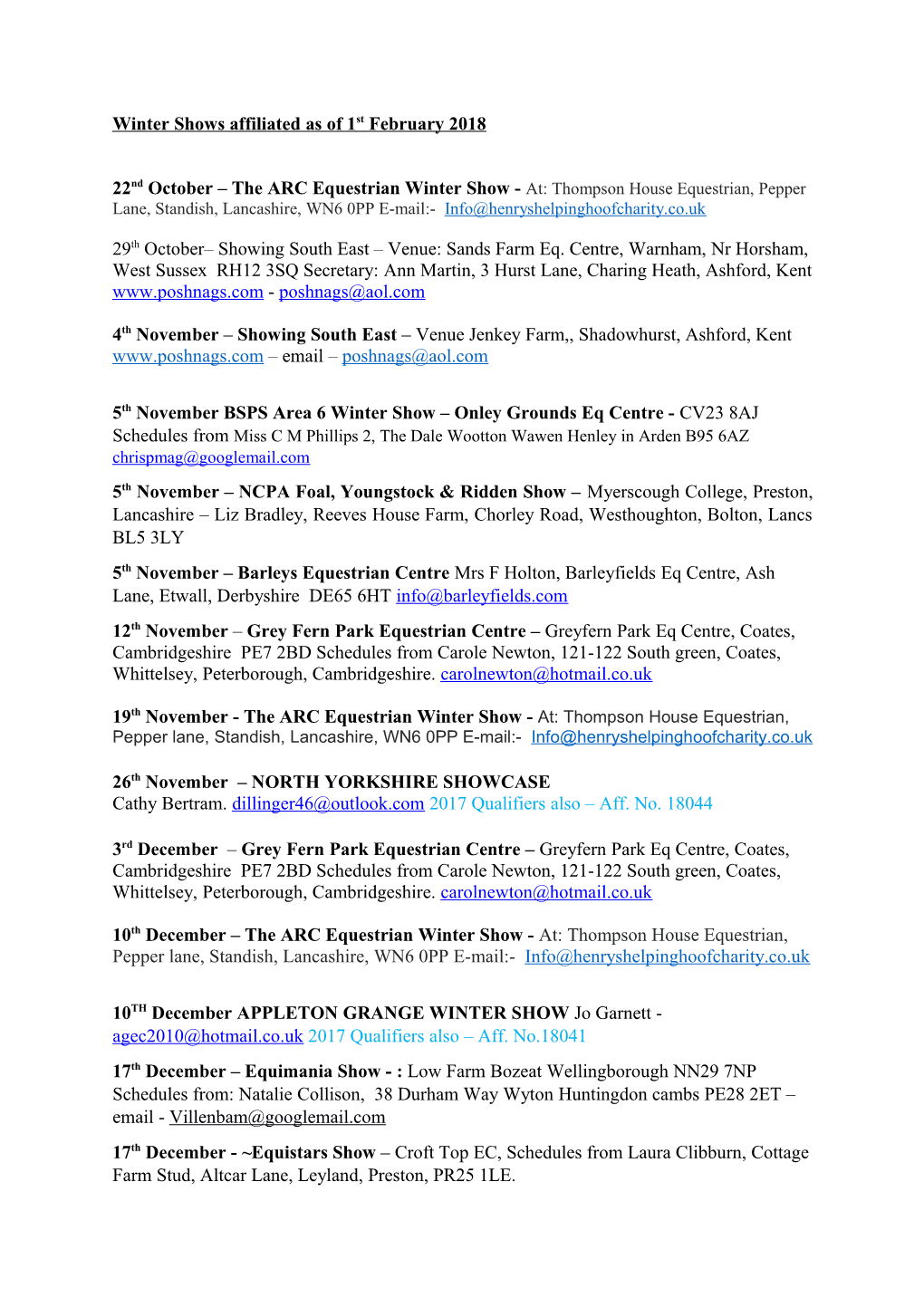 Winter Shows Affiliated As of 1St February 2018