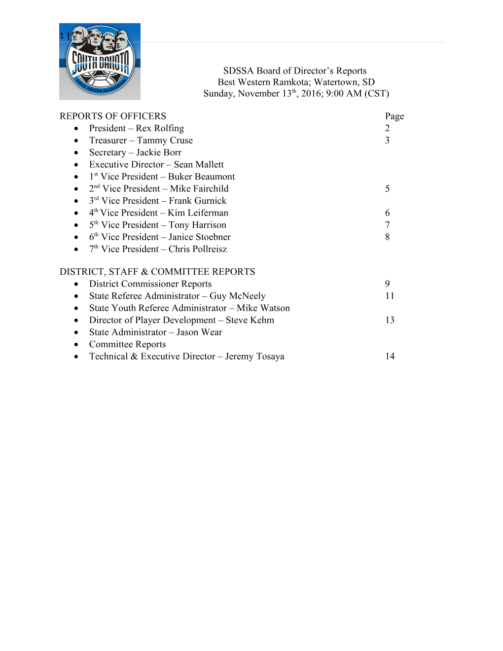 SDSSA Quarterly Board Meeting Agenda