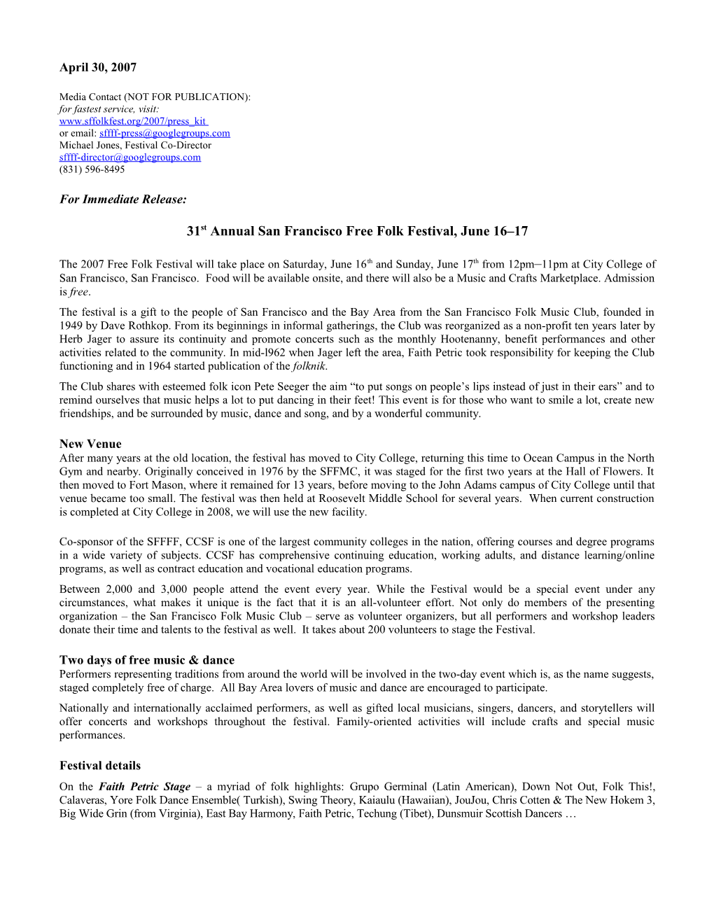 San Francisco Free Folk Festival, June 15-16, 2002 - Press Release