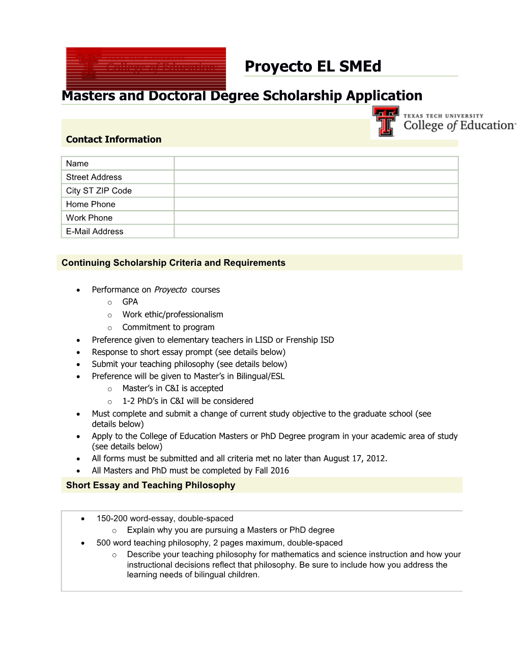 Masters and Doctoral Degree Scholarship Application