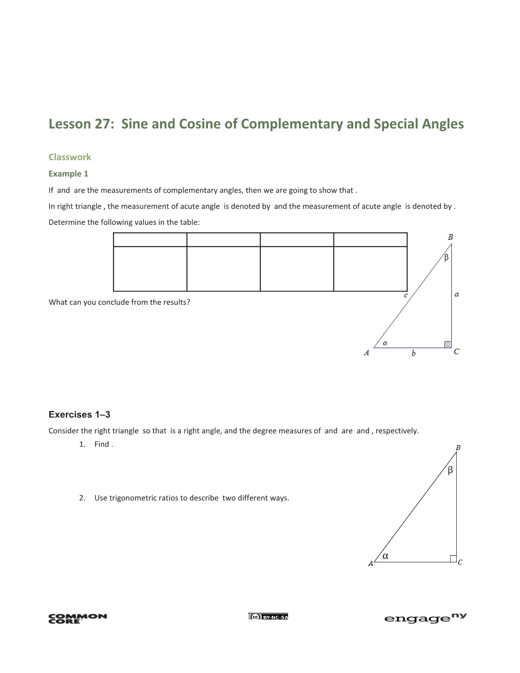 Lesson 27: Sine and Cosine of Complementary and Special Angles