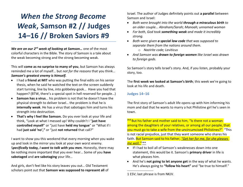When the Strong Become Weak,Samson #2 Judges 14 16 Broken Saviors #9
