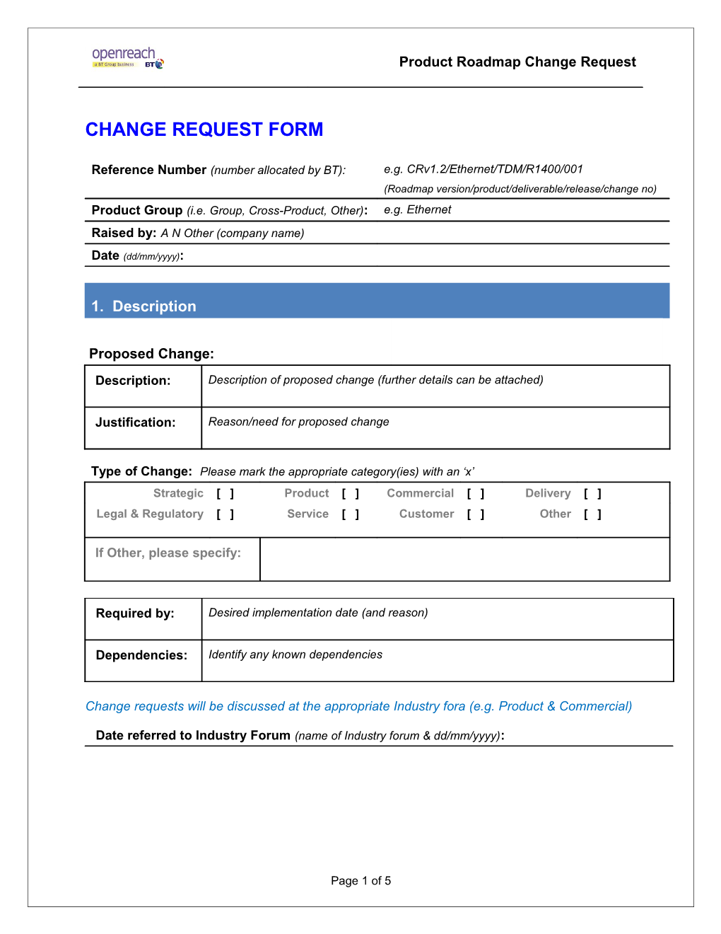 Project Change Request Form Template