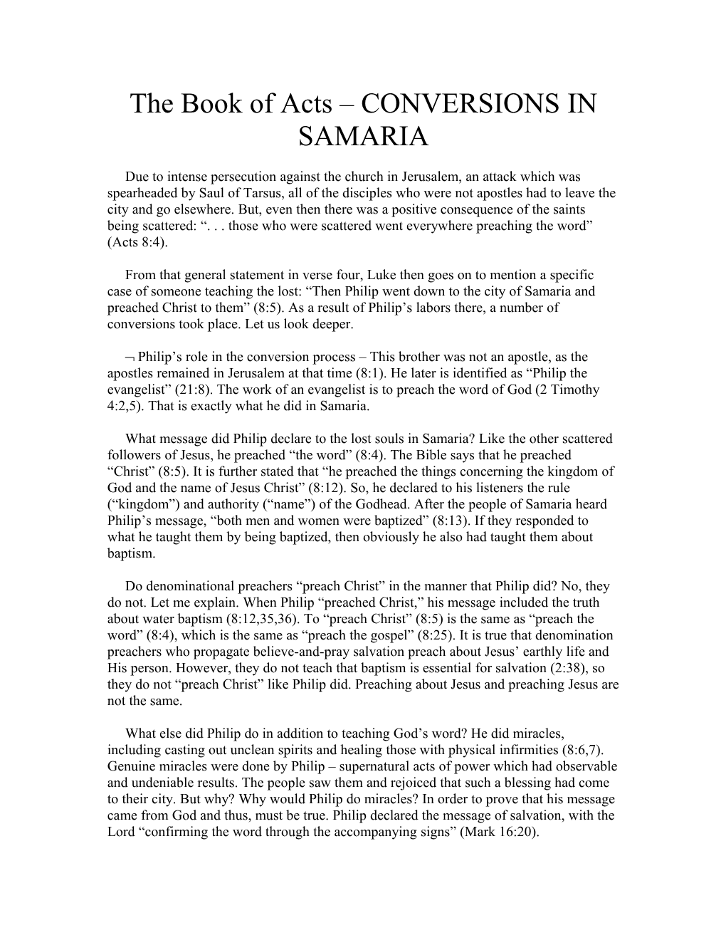 The Book of Acts CONVERSIONS in SAMARIA