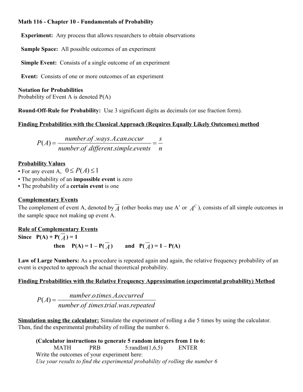 Math 116 - Chapter 10 - Fundamentals of Probability