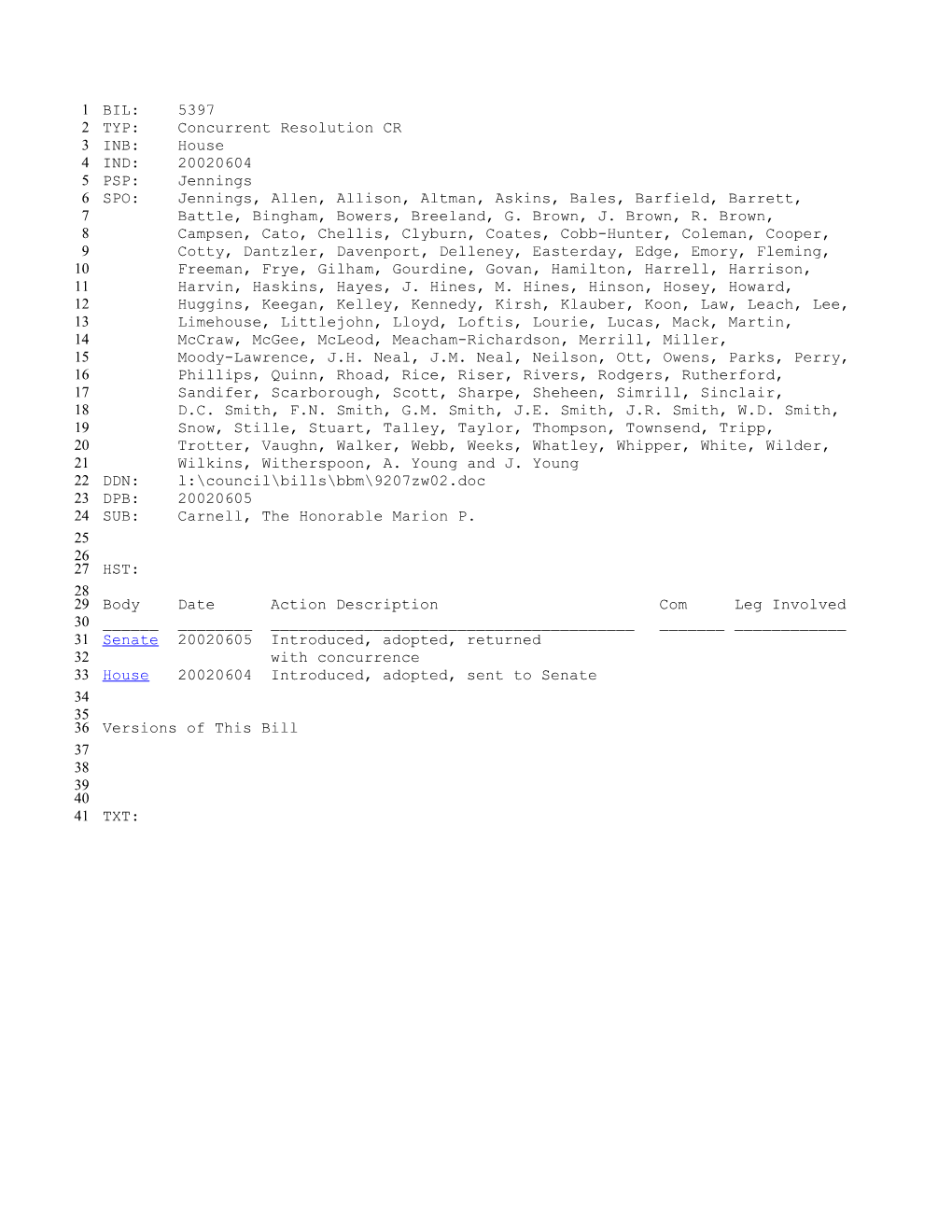 2001-2002 Bill 5397: Carnell, the Honorable Marion P. - South Carolina Legislature Online