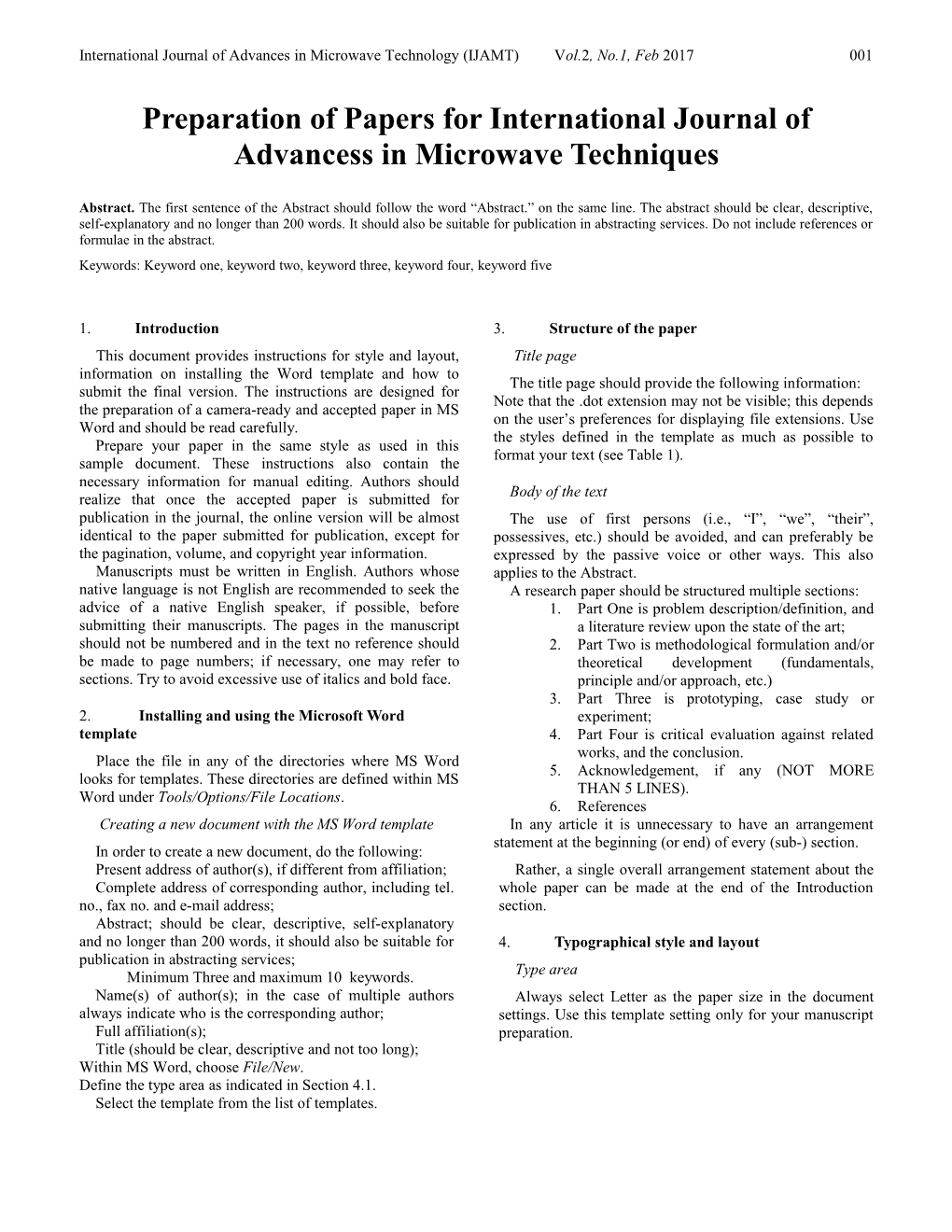 Preparation of Papers for International Journal of Advancess in Microwave Techniques