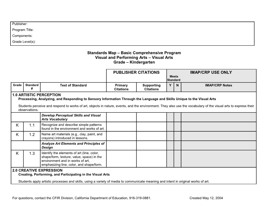 Kindergarten Visual Art Standards Map - Instructional Materials (CA Dept of Education)