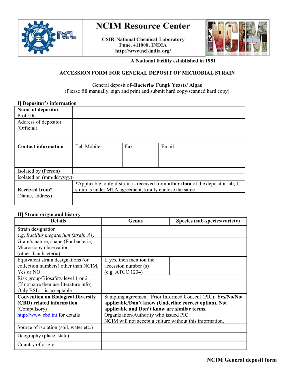 Accession Form for General Deposit of Microbial Strain