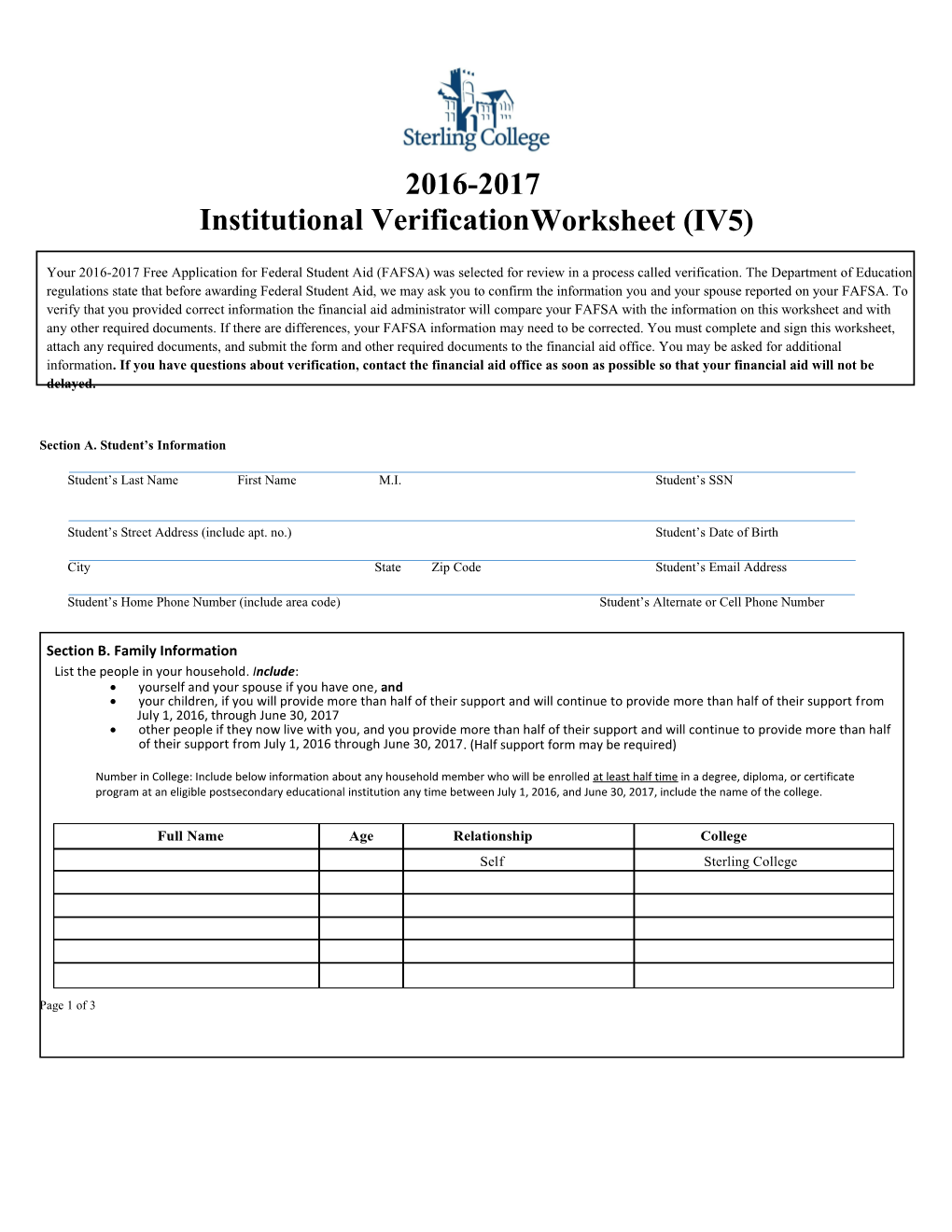 Institutional Verificationworksheet (IV5)