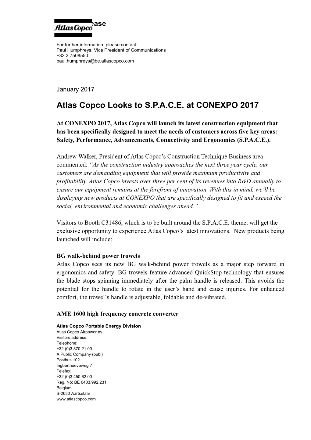 Atlas Copco Looks to S.P.A.C.E. at CONEXPO 2017