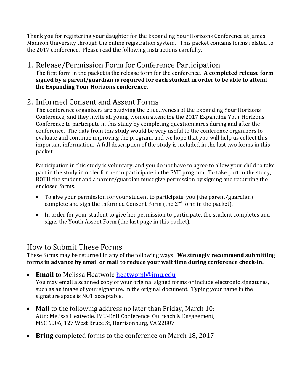 Thank You for Registering Your Daughter for the Expanding Your Horizons Conference at James