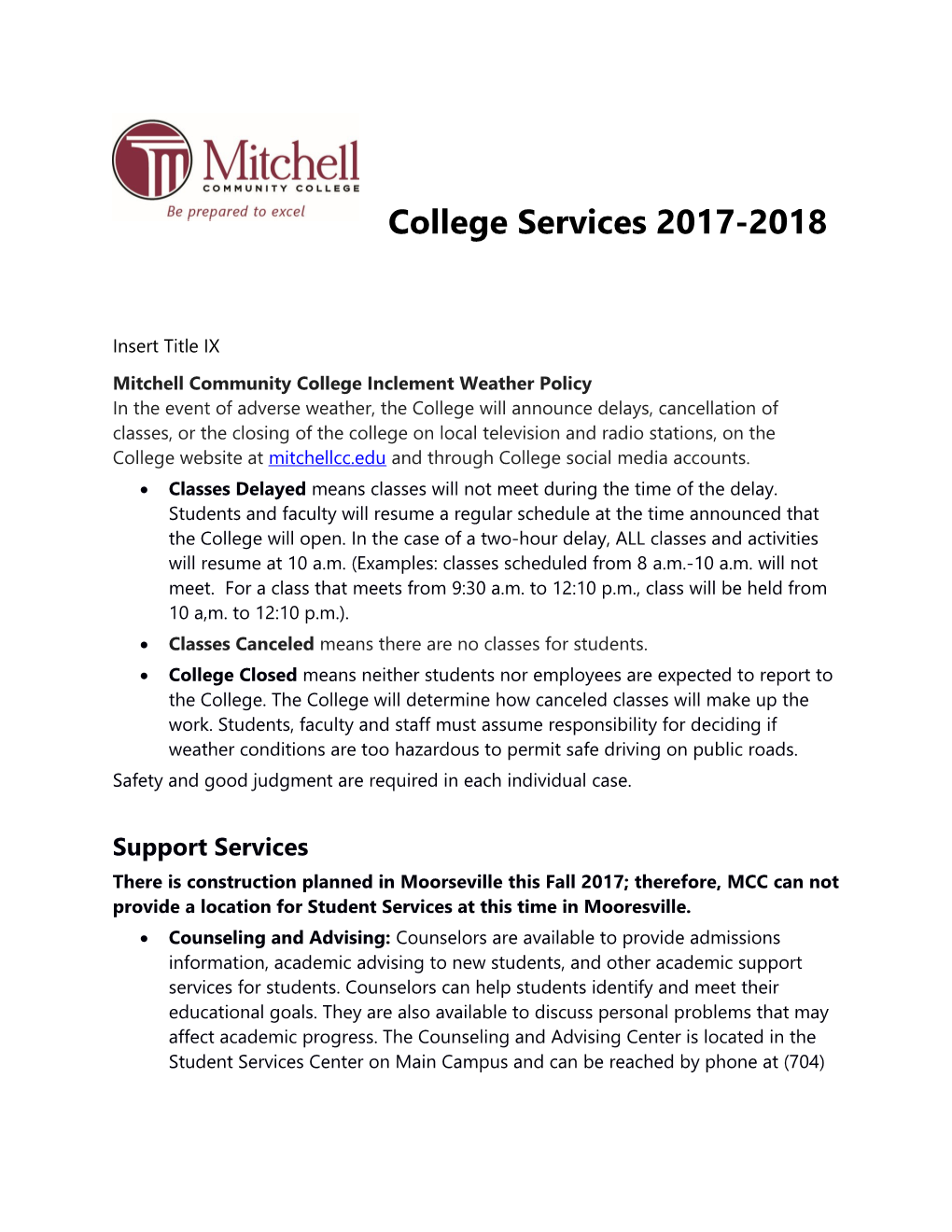 Mitchell Community College Inclement Weather Policy