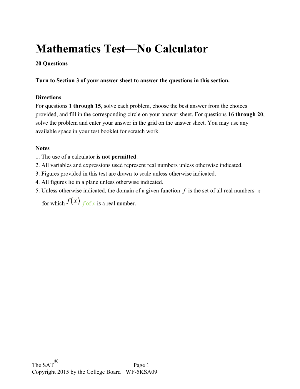 Mathematics Test No Calculator