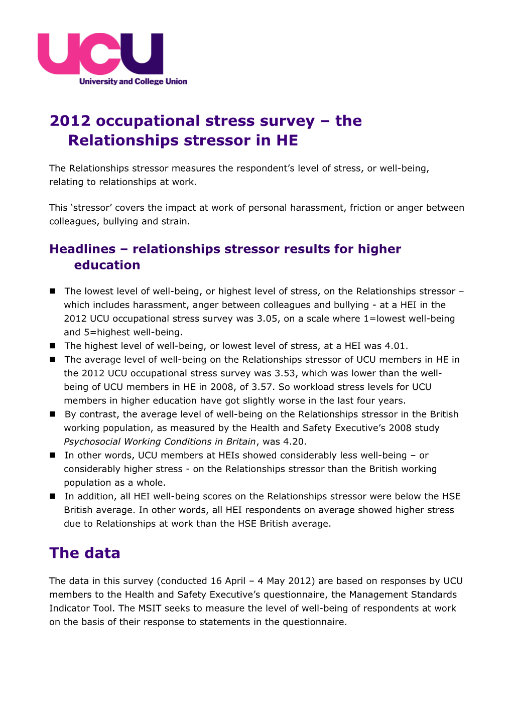 2012 Occupational Stress Survey the Relationships Stressor in HE