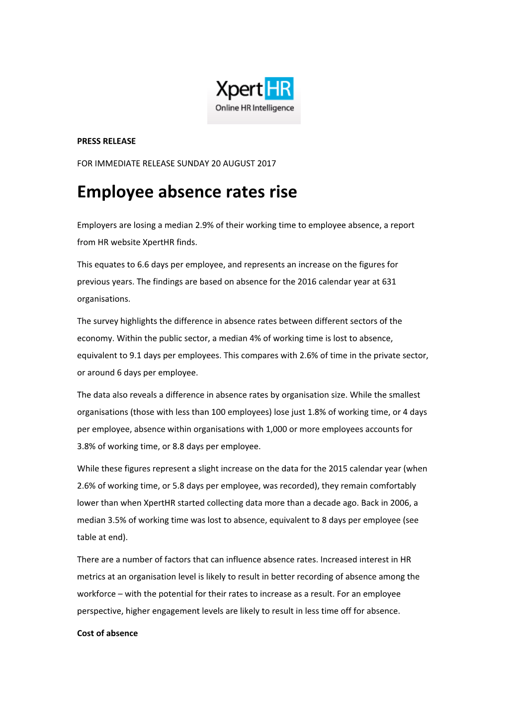 Employee Absence Rates Rise