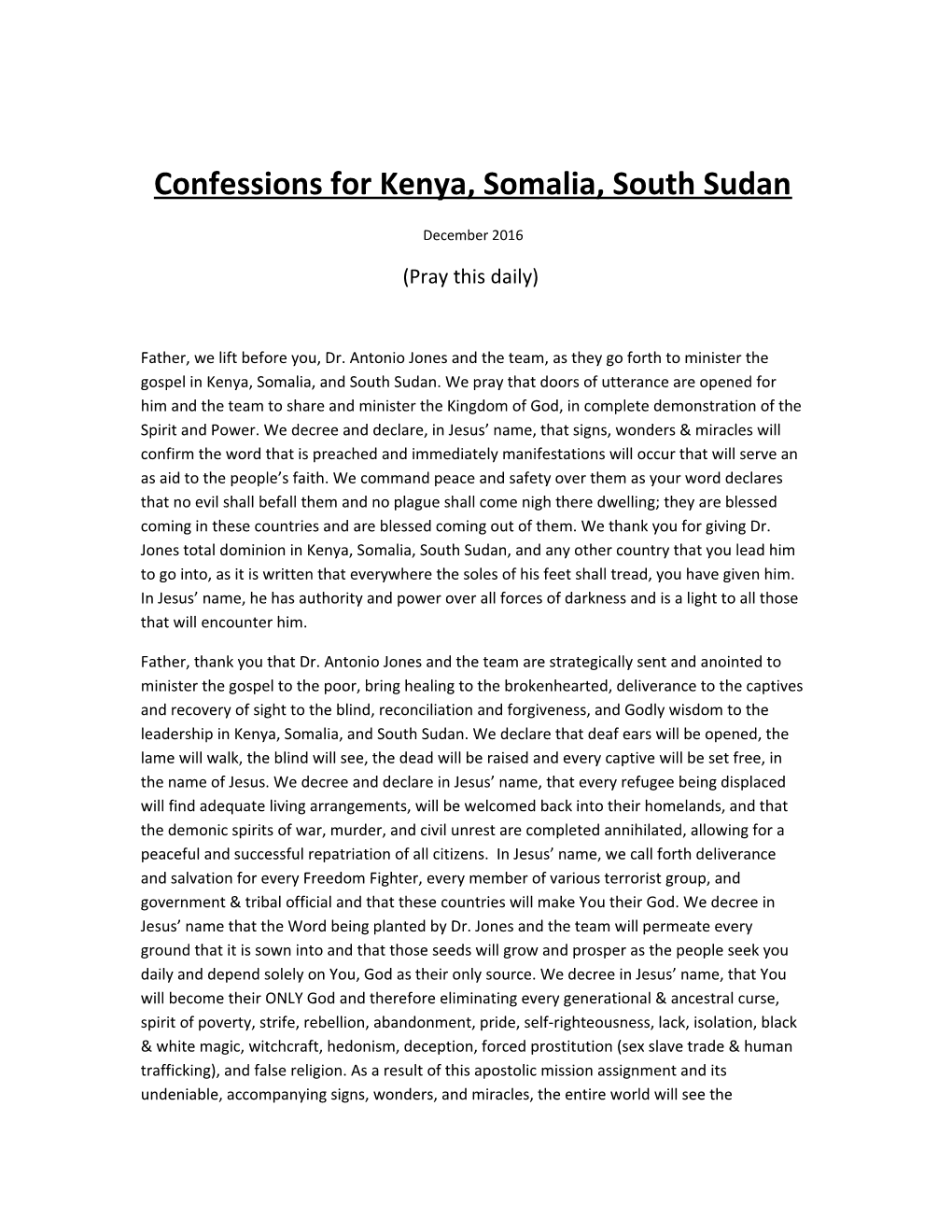 Confessions for Kenya, Somalia, South Sudan