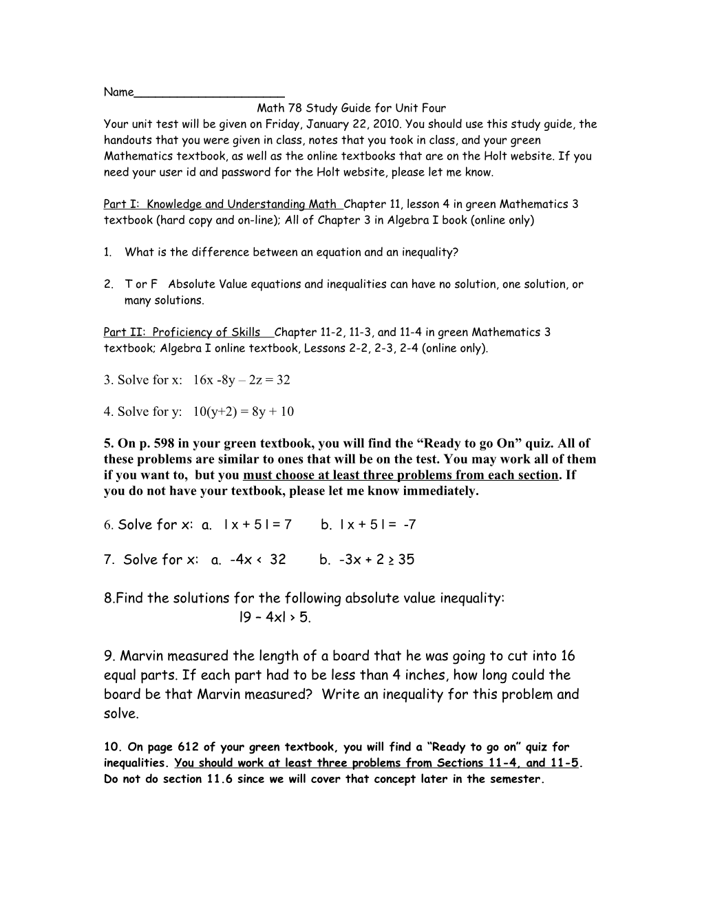 Math 78 Study Guide for Unit Four