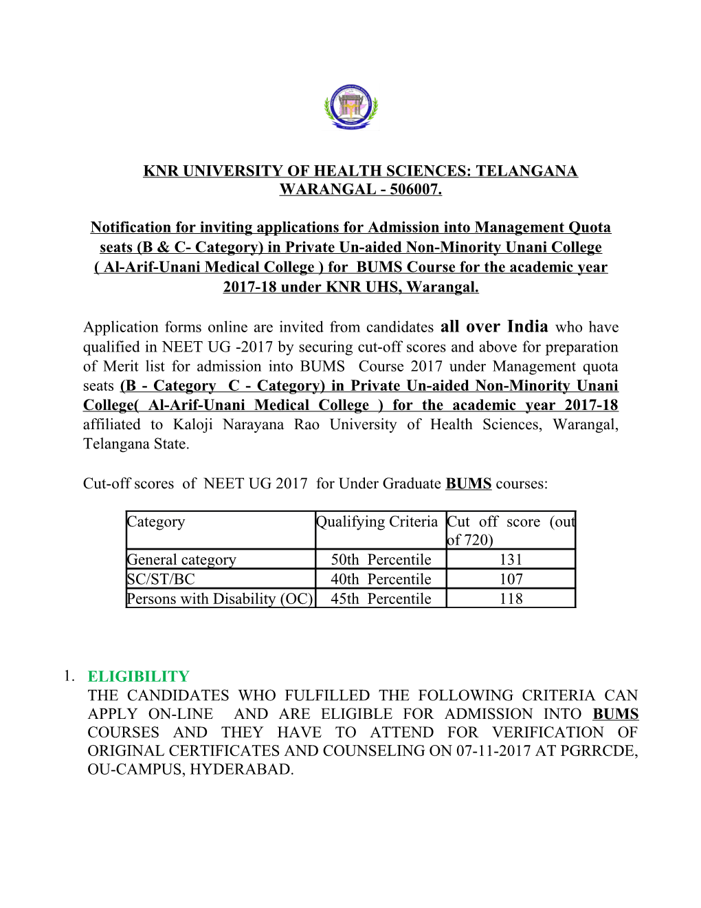 Knr University of Health Sciences: Telangana Warangal - 506007