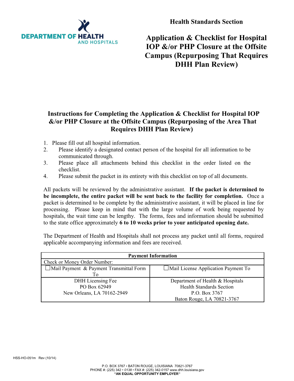 Instructions for Completing the Application & Checklist for Hospital IOP &/Or Phpclosure