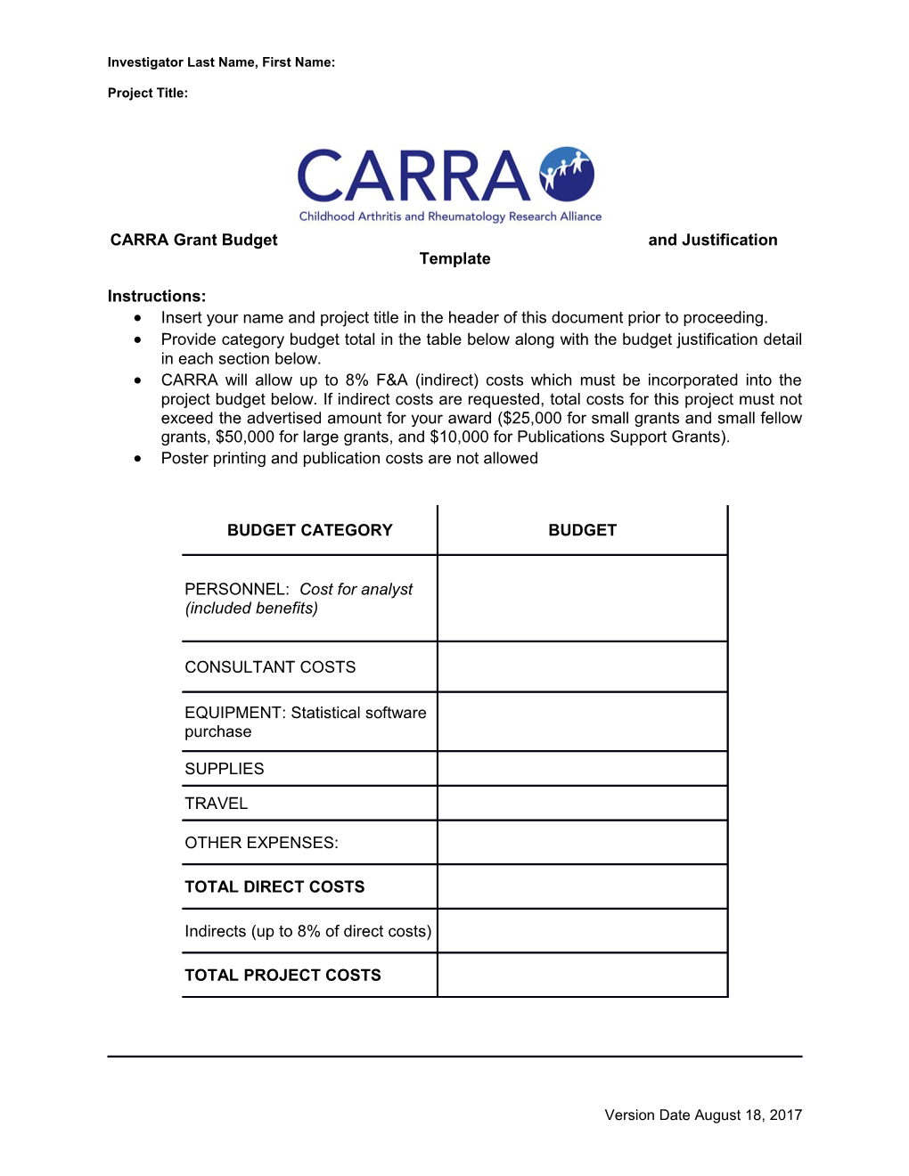 CARRA Grant Budget and Justification Template