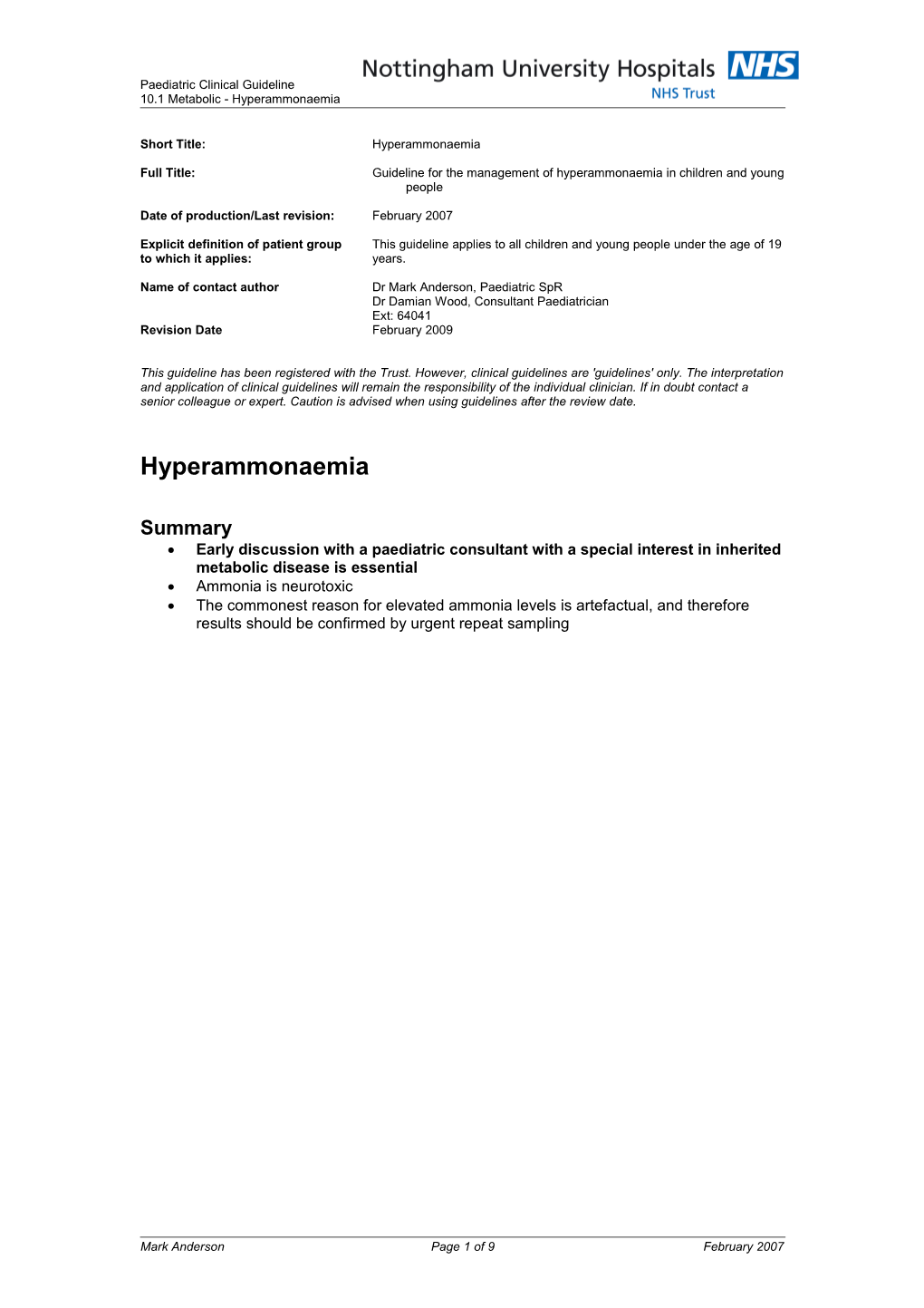 Guideline for the Investigation of Hyperammonaemia