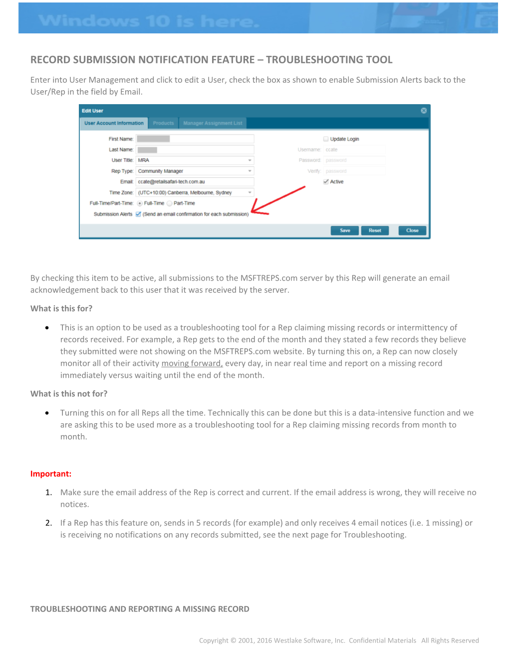 Record Submission Notification Feature Troubleshooting Tool