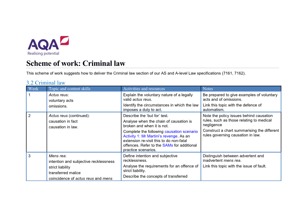 Scheme of Work: Criminal Law