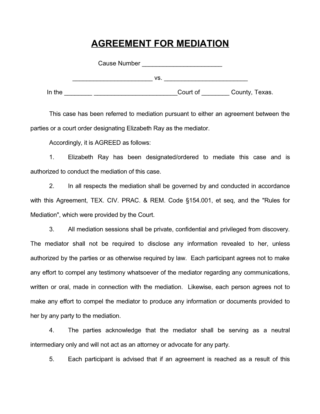 Agreement for Mediation